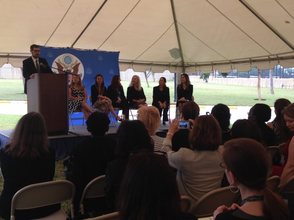 TechWomen Mentors participate in a panel discussion about careers in STEM at the U.S. Embassy in Kigali.