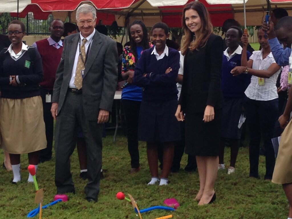 Evan Ryan, Assistant Secretary of the Bureau of Educational and Cultural Affairs, and Ben Roode, Acting Public Affairs Officer at the U.S. Embassy in Kigali, prepare to launch rockets at the Embassy's inaugural Girls Tech Fair.