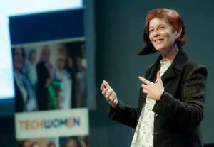 Mitchell Baker, Executive Chairwoman of the Mozilla Foundation and CEO of Mozilla Corporation, speaks at the 2015 TechWomen Kickoff at the Juniper Aspiration Dome on September 30.