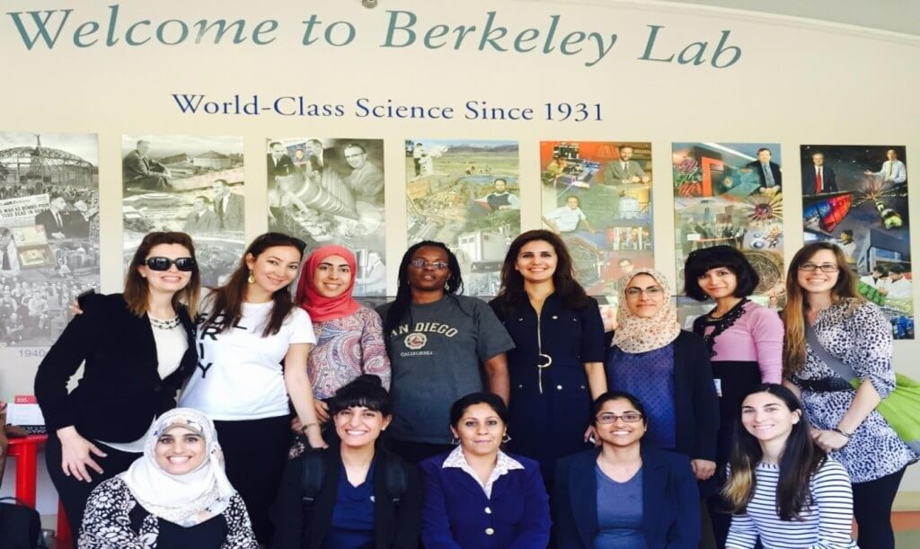 TechWomen at Berkeley Lab in October 2015. Top, from left: Rund Awwad (Jordan), Bahara Nurmetova (Turkmenistan), Ayah Soufan (Palestinian Territories), Titilayo Aladesanmi (Nigeria), Sara Benyakhelf (Morocco), Essma Redouane-Salah (Algeria, Berkeley Lab), Gulnora Anvarova (Tajikistan) and Allison Huey (Berkeley Lab). Bottom, from left: Eman Abussada (Palestinian Territories), Arwa Guesmi (Tunisia), Reshma Singh, Ramya Sankar and Laleh Cote’ (Berkeley Lab). 
