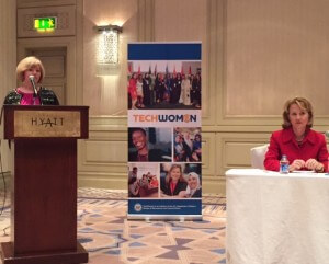 Michelle Pickard of IIE and U.S. Ambassador Alice Wells at the Embassy briefing.