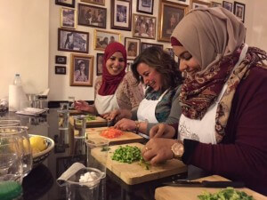 Abeer Imteir (2013 fellow from Palestine), Sabine El Kahi (2014 fellow from Lebanon), and Rawan Abu Shmais (2014 fellow from Palestine) during the Beit Sitti cooking class.