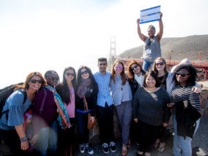 Golden Gate Bridge visit in October 2015. From left, Faten Khalfallah (Tunisia), Abiola Ilupeju (Nigeria), Joanne Liou, Maram Damous (Jordan), Andrew Udeshi, Molly Pyle, Sara Benyakhlef (Morocco), Edwina Dueñas, Baratang Miya (South Africa), Jillian Scott and Mercy Sosanya (Nigeria). 