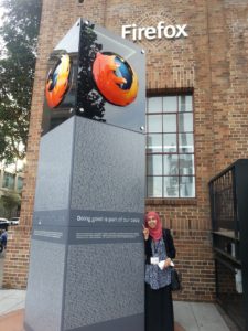 Ayah Soufan in front of Mozilla’s Firefox office in San Francisco. Krupa Raj mentored Ayah at Mozilla. 