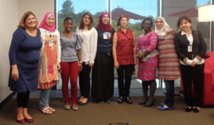 From left, Professional Mentor Larissa Shapiro, Esraa Abdelhalim of Egypt, Kumba Musa of Sierra Leone, Lara Ammar of Lebanon, Ayah Soufan of Palestinian Terriories, Executive Chairwoman Mitchell Baker, 2014 fellow Dorothee Danedjo Fouba of Cameroon, Alaa Shaheen of Palestinian Territories and Mutriba Akhmedova of Tajikistan during the 2015 program.